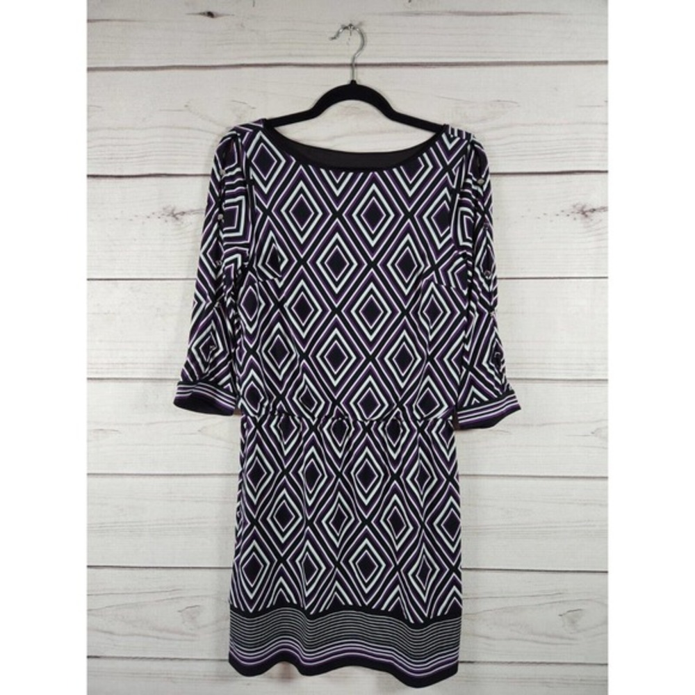 White House Black Market‎ Black & Purple Geometric 3/4 Sleeve Shift Dress Size S